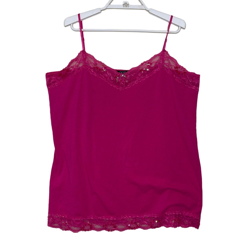 Vtg DEB Cami Tank Top Women's 3X Pink Lace‎ Trim Sequins Babydoll Y2k Fairy